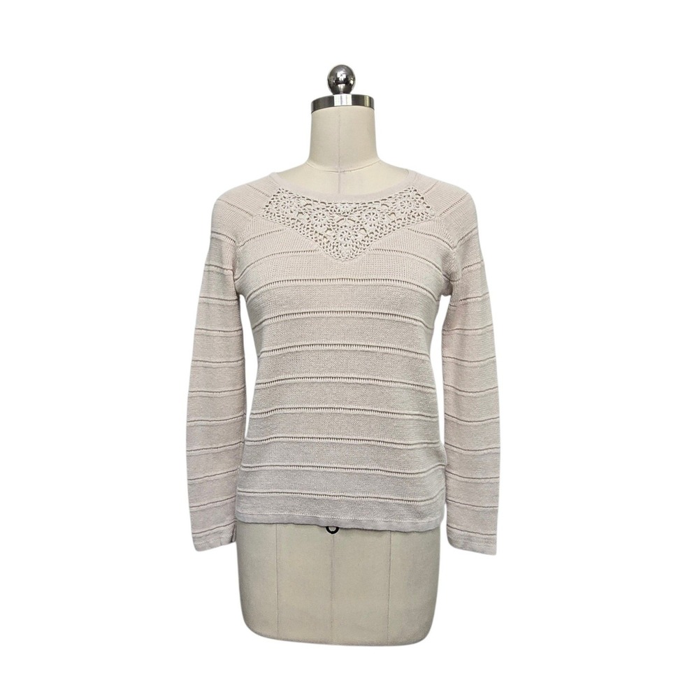 Garnet Hill Linen Organic Cotton Crochet Yoke Pointelle Sweater Beige Size Small